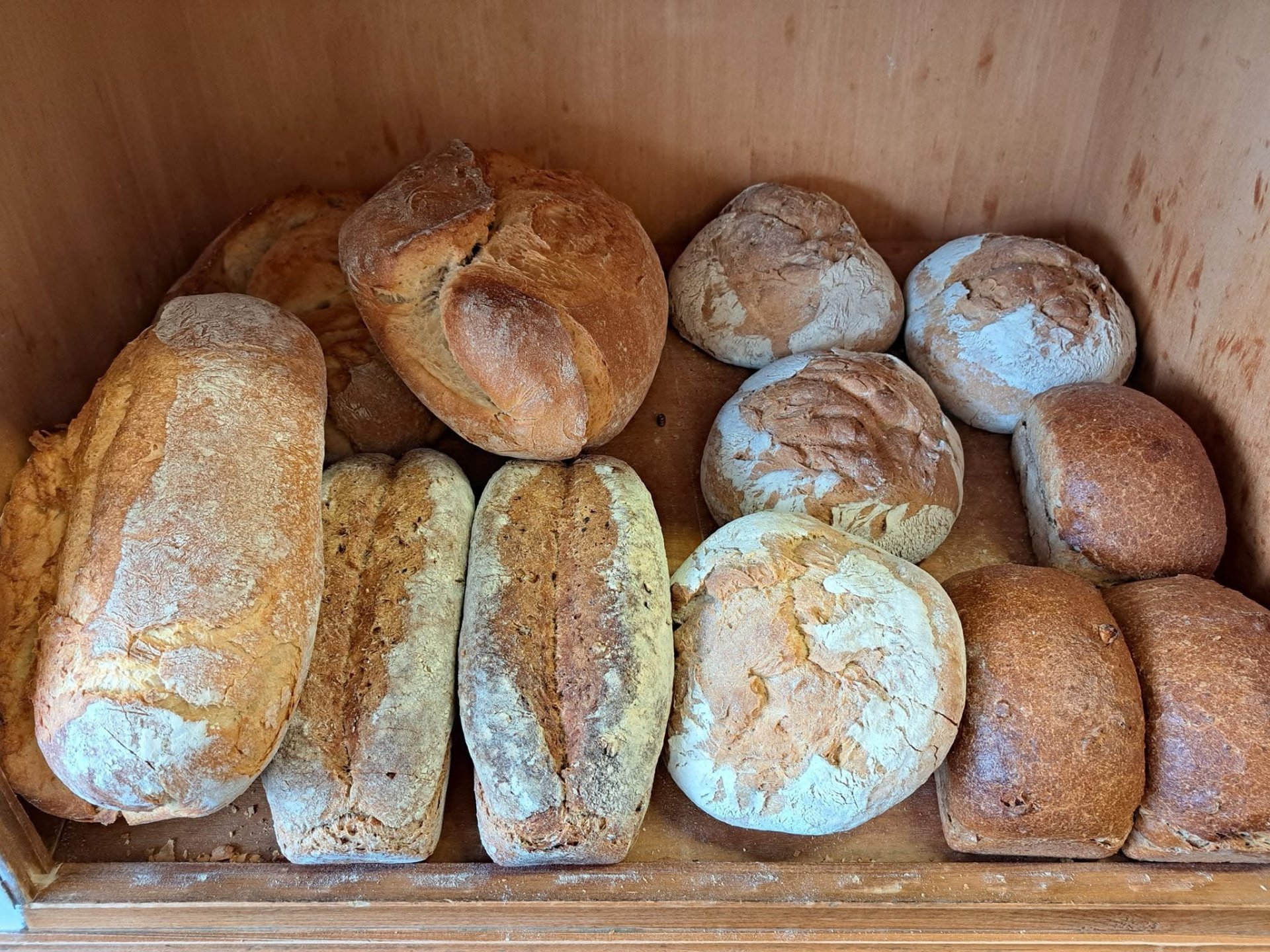 Forme di pane nella cassetta di legno del negozio